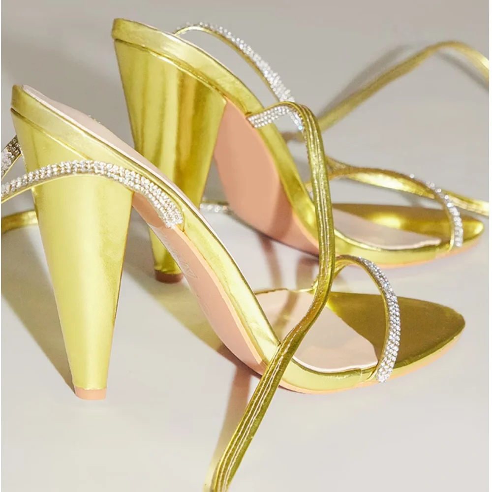 PrettyLittleThings GOLD DIAMANTE LACE UP CONE‎ HEELS size 5